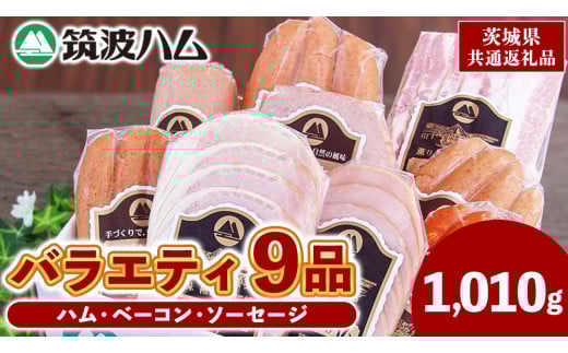 筑波ハム バラエティ 9品 ( ハム ベーコン ソーセージ ) 合計1010g 茨城県産 『 常陸の輝き 』 ブランド豚 銘柄豚 ( 茨城県共通返礼品 ) 詰合せ 詰め合わせ 肉 豚 ウィンナー 熟成