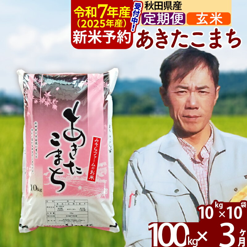 【ふるさと納税】※令和7年産 新米予約※《定期便3ヶ月》秋田県産 あきたこまち 100kg【玄米】(10kg袋) 2025年産 お届け周期調整可能 隔月に調整OK お米 みそらファーム