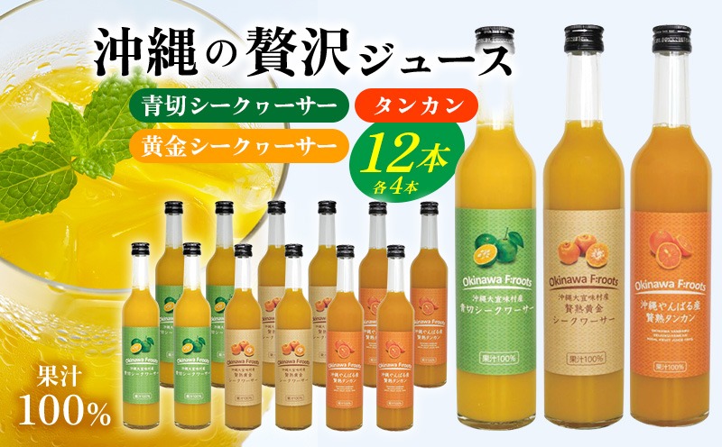 沖縄の贅沢ジュース 12本 （青切シークヮサー・黄金シークヮサー・タンカン 各4本）KS1008 青切り 黄金 くがに シークヮーサー タンカン みかん ビタミンC ノビレチン 酸味 調味料 ジュース 飲み物 調理 果物 くだもの ご当地 やんばる カクテル トロピカル 南国