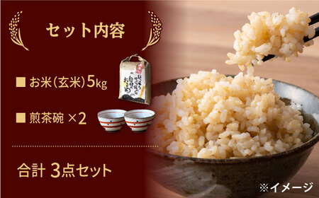 【令和5年産：玄米】 特別栽培米 コシヒカリ （5kg） + 【美濃焼】 赤絵かいらぎ 煎茶碗 （2個） 【山松加藤松治郎商店】[TEU018]
