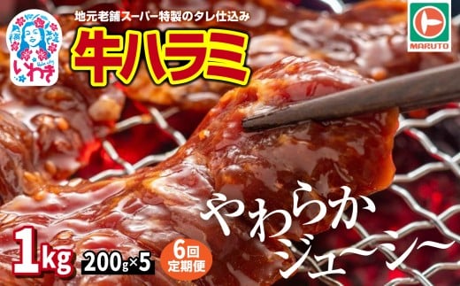 【定期便/計6回】牛ハラミ（味付き）　1kg(200g×5)　計6kg | 熟成 秘伝タレ漬け 焼肉 BBQ 牛肉 はらみ 厚切り アンガス牛 肉 お取り寄せ 人気 ランキング 惣菜 おかず 小分け 大容量 真空パック 冷凍 焼き肉 焼肉セット やきにく サガリ 厳選 ギフト 送料無料 柔らか ぎゅうにく お肉 harami マルト