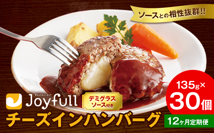 【12ヶ月定期便】ジョイフルハンバーグ チーズインハンバーグ デミグラスソース付 30個 1個135g 定期便 亀井通産株式会社《お申込みの翌月出荷予定》熊本県 菊池市 生ハンバーグ ソース付き 牛肉