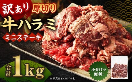 訳あり 厚切り牛ハラミ ミニステーキ 500g×2パック 計1kg 牛ハラミ 牛はらみ ハラミ はらみ ステーキ ステーキ肉 牛肉 牛 お肉 肉 厚切り 冷凍 熊本県 湯前町