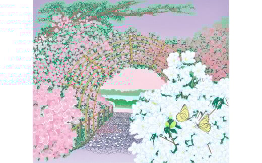 「つつじと蝶」 クリーム額 【埼玉県 東松山市 版画 額付 小川手漉和紙 日本版画会 小暮真望 芸術 美術 風景 自然 送料無料 バージョン 美しい ギャラリー アーティスト アート ART 芸術 デ