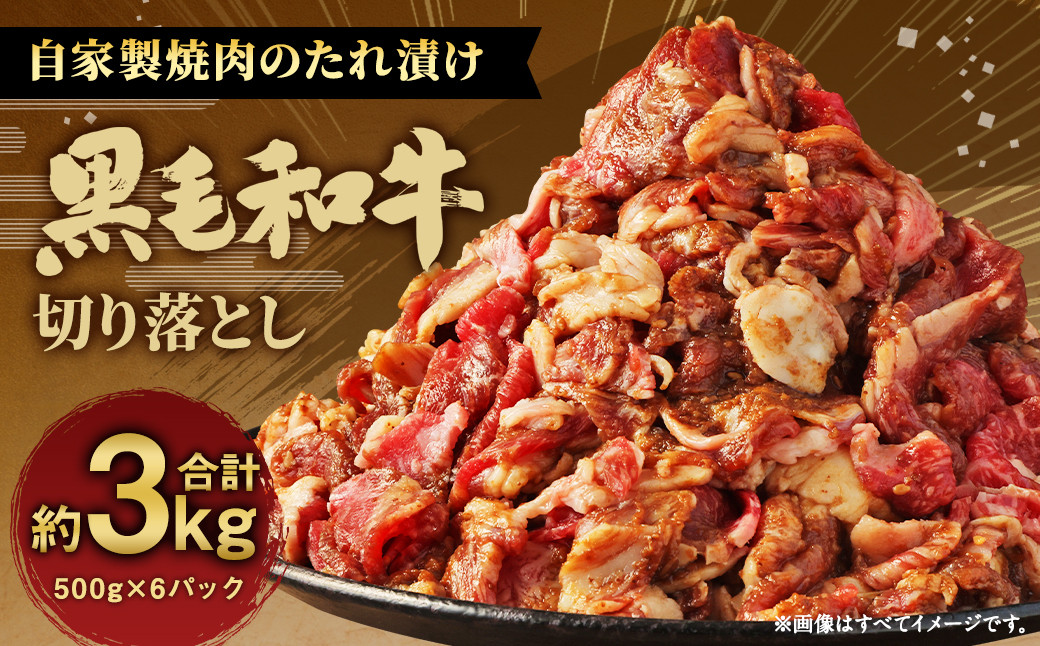 大丈夫博士が作る！！自慢の自家製焼肉のたれ漬け黒毛和牛切落し 約3kg(500g×6)