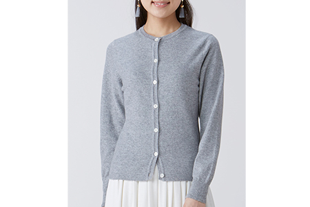 日本製 カシミヤ100% レディース クルーカーディガン ライトグレー Sサイズ [2565]