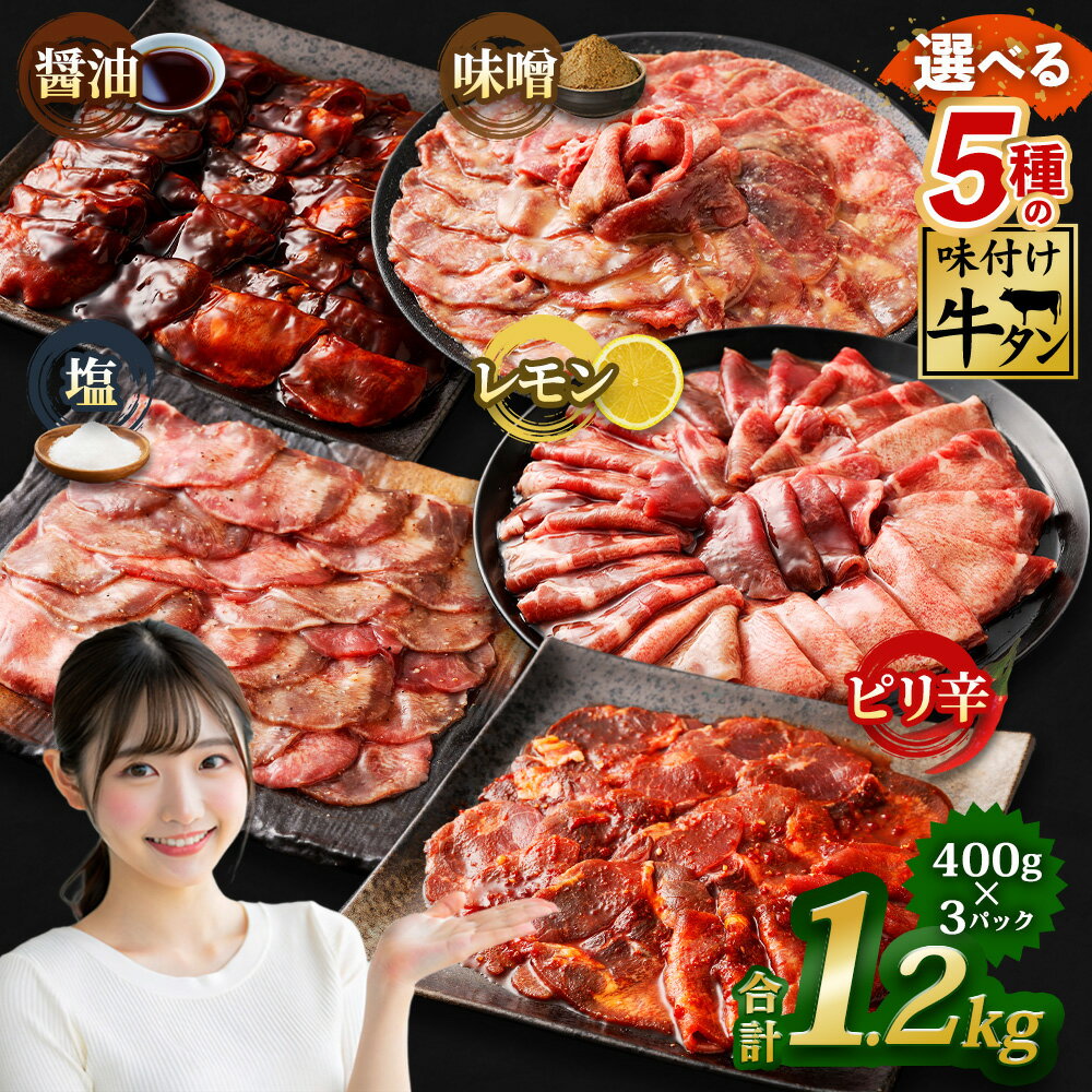 【ふるさと納税】 味付き牛タン 計1.2kg（400g×3パック） 塩味 / レモン味 / 醤油味 / 味噌味 / ピリ辛味 / 3種食べ比べセット（塩味・醤油味・おまかせ）＜選べる味＞ 牛肉 タン 牛舌 お肉 薄切り 特製ダレ 焼き肉 BBQ 惣菜 おかず 冷凍 熊本県 あさぎり町 送料無料