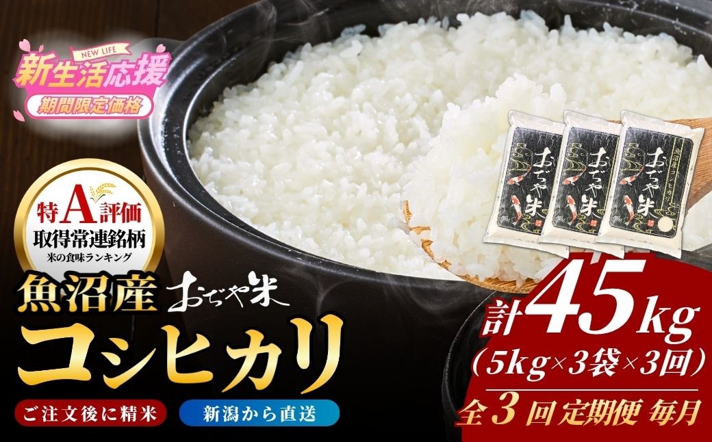 
                  【3か月定期便 コシヒカリ】 令和7年産 新潟県 魚沼産コシヒカリ「おぢや米」合計45kg(5kg×3袋×毎月お届け全3回) JA魚沼  | 新潟産コシヒカリ 特A評価 魚沼産 新潟県産コシヒカリ 新潟県産こしひかり 魚沼コシヒカリ お米 米 こしひかり 白米 精米 ブランド米 特A評価地区【0002-JA20DB00-02】
                