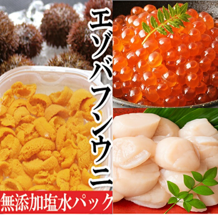 【ふるさと納税】 エゾバフンウニ塩水パック 150g × 1P、いくら醤油漬け(鱒卵) 150g × 1P、お刺身ホタテ貝柱 500g × 1P [2027年1月中旬以降発送] ホタテ ほたて 帆立 帆立貝柱 ほたて貝柱 イクラ 醤油 醤油漬け 魚卵 鮭卵 うに 雲丹 バフンウニ 北海道 根室市 E-40004