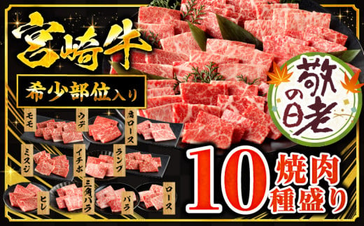 《敬老の日（9月16日）までにお届け予定》宮崎牛焼肉10種盛り合わせ 牛肉 宮崎牛 和牛 焼肉 盛り合わせ 10種｜モモ ウデ ロース 肩ロース バラ ミスジ ランプ イチボ 三角バラ ヒレ｜_M132-067-K