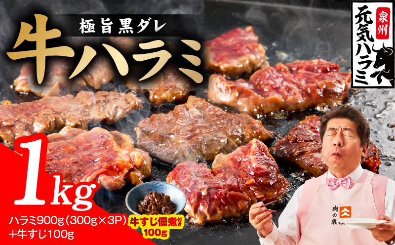 【新登場】極旨黒ダレ 牛ハラミ 総量 1kg（ハラミ 300g×3P+牛すじ 100g）【牛肉 はらみ 小分け 焼肉 お弁当 BBQ 訳あり ワケアリ わけあり サイズ不揃い 規格外 TVで話題 大阪 泉佐野 大阪府 泉佐野市】