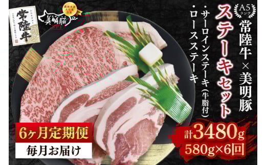 【6ヶ月定期便】【常陸牛 A5ランク・美明豚ステーキセット】常陸牛サーロインステーキ300g＋美明豚ロースステーキ280g（140g×２枚） 冷凍 国産牛 和牛 牛肉 豚肉　ブランド豚 茨城県 水戸市 食べ比べ セット商品 国産 老舗精肉店 (EK-19_2)