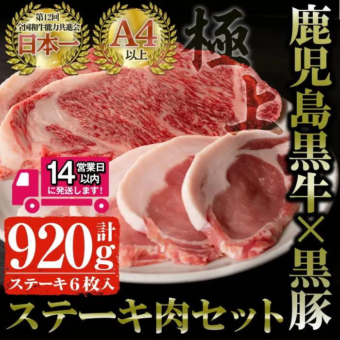 鹿児島県産 黒毛和牛ステーキ肉セット(計920g)！ 鹿児島黒牛サーロインステーキ(220g×2枚)・鹿児島黒豚ロースステーキ(120g×4枚) 国産 牛肉 豚肉【佐多精肉店】B14-v01