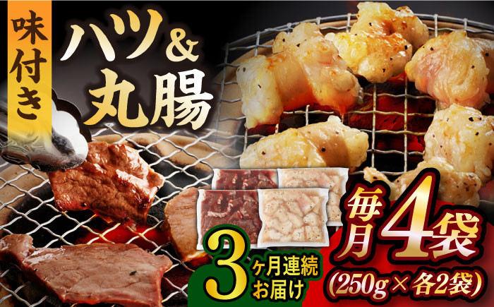 
                  【全3回定期便】【塩だれ】九州産和牛 ホルモン 2種 計1kg（ ハツ 250g×2袋・ 丸腸 250g×2袋） 長与町/岩永ホルモン [EAX143] ホルモン焼き 国産 牛肉 ホルモン ミックス 小分け 味付き 冷凍 焼肉 焼き肉 和牛 塩 しお 牛 定期便 ていきびん 定期
                