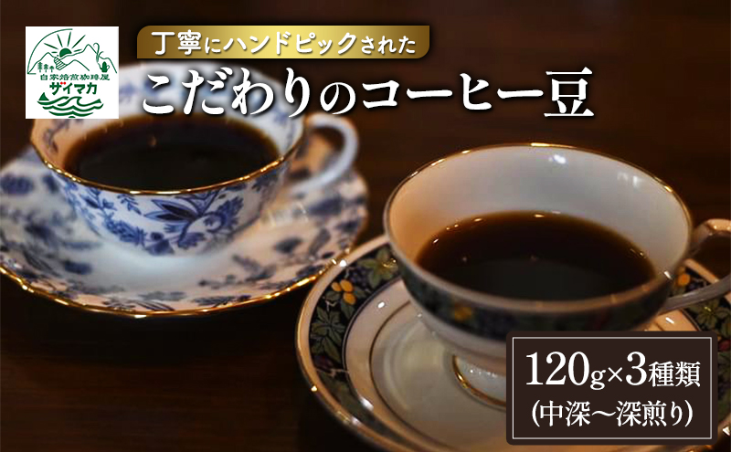 コーヒー 丁寧にハンドピックされたこだわりのコーヒー豆120g×3種類(中深～深煎り) 珈琲 コーヒー豆 珈琲豆 豆 焙煎 自家焙煎 セット