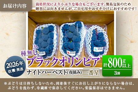 先行予約 旬の朝採り種なし葡萄［ブラックオリンピア（一番星）］合計800g以上（3房）ご自宅・ご家庭用 2025年出荷【B646】