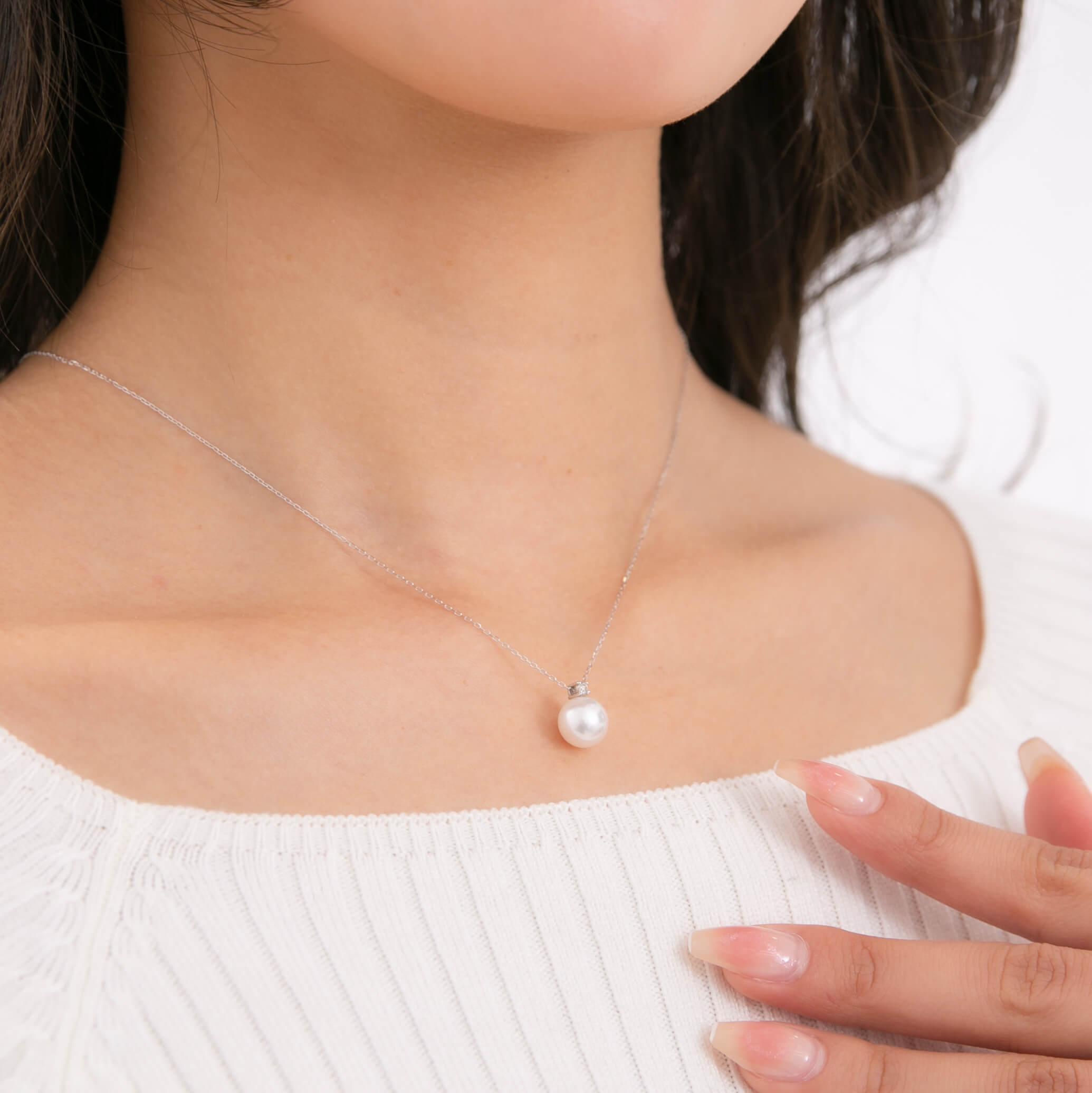 4月 誕生石 ダイヤモンド｜一粒 アコヤパール ペンダント ネックレス｜無調色アコヤ真珠 8.0mm K10WG｜チェーン付き　　