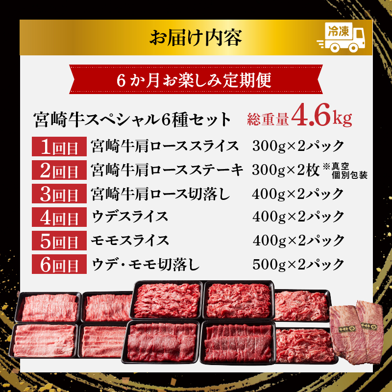 6か月お楽しみ定期便『宮崎牛スペシャル6種セット』総重量4.6kg_T009-002【肉 牛 牛肉 焼肉 国産 人気 ギフト おかず 食品 お肉 BBQ すき焼き 贈り物 送料無料 プレゼント】