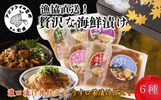 
            〔お歳暮ギフト対象品〕漁協直送！贅沢な海鮮漬け　6種(漬け丼と茶漬け味合わせ)( 海鮮 漬け 漬け丼 お茶漬け とらふぐ トラフグ ぶり ブリ 鰤 真鯛 タイ 贅沢 簡単調理 流水解凍 おつまみ 肴 魚 直送 河豚 惣菜 詰め合わせ 加工品 小分け セット 豪華 時短 手軽 )【B2-148】
          