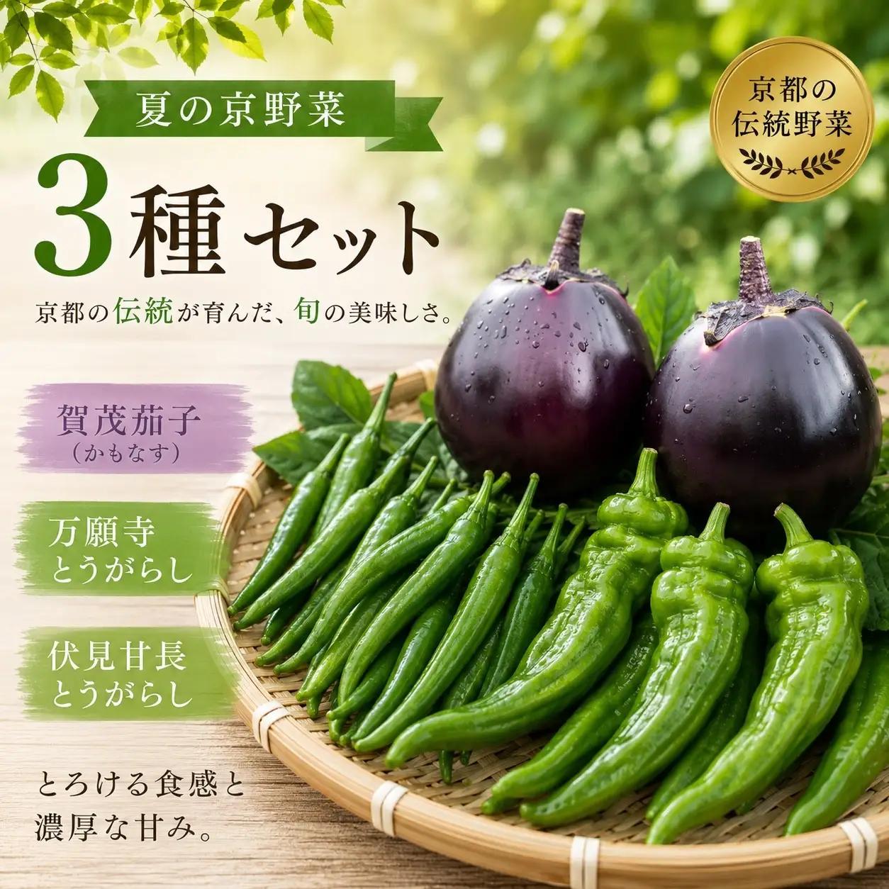 夏の京野菜「3種セット」賀茂茄子・万願寺とうがらし・伏見とうがらし｜やさい　やさい