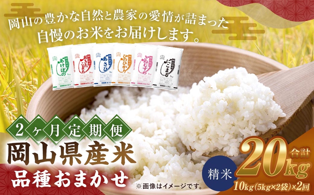 
                  【 2ヶ月定期 】 【 令和8年産 】 岡山県産米 品種おまかせ 10kg （ 5kg × 2袋 ） お米 米 こめ コメ 白米 精米 白飯 飯 ご飯 きぬむすめ あきたこまち ひのひかり あけぼの にこまる あさひ おにぎり 和食 国産 ブランド米 ブランド 定期便 【 2026年11月上旬から2027年7月下旬迄発送予定 】
                