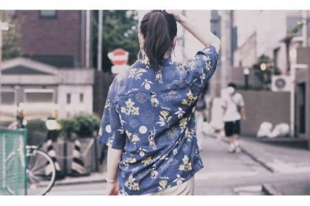 いわき市発D2Cアロハシャツ「yourmood」（オープンカラー）　NAVY_2サイズ