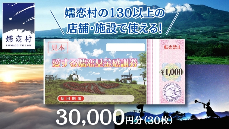 嬬恋村 で使える 感謝券30,000円分 (30枚) 観光 旅行券 宿泊券 旅行 温泉 スキー ゴルフ ペンション 万座 浅間高原 鹿沢 バラギ 関東 100000円 クーポン チケット 国内旅行 お