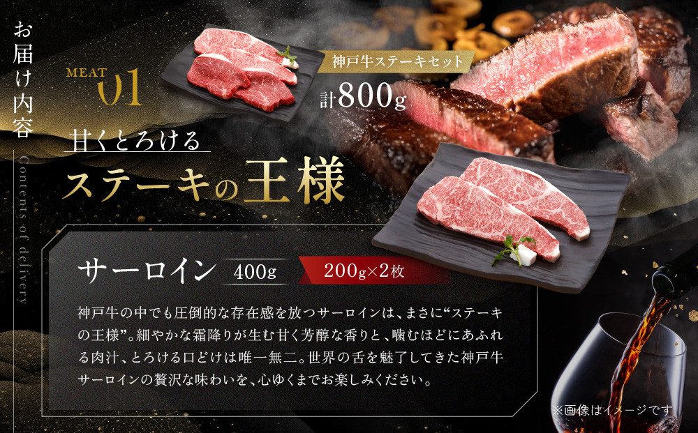 【冷蔵便】神戸牛 ステーキセット 計800g（サーロイン＆柔らか赤身 200g 各2枚）
