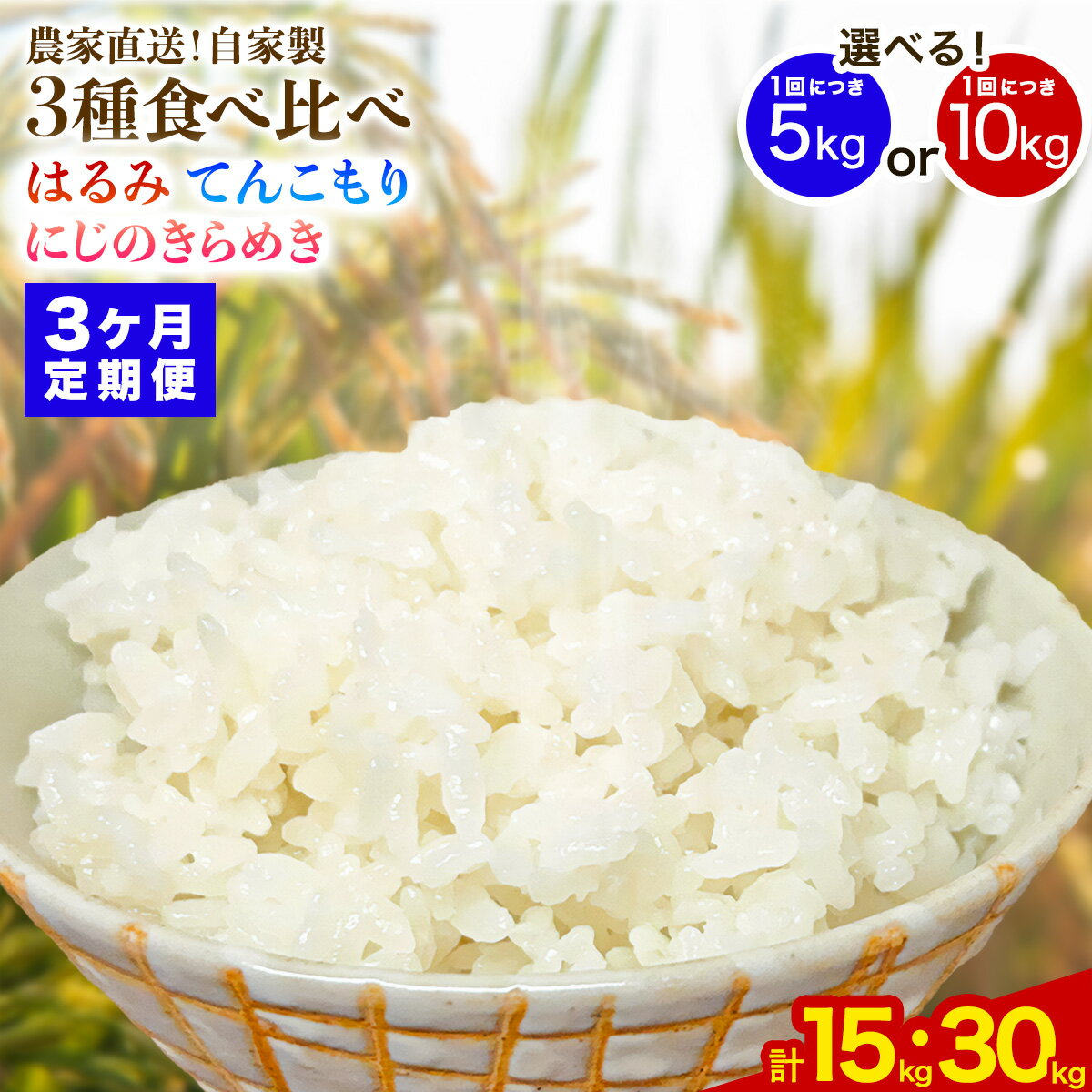 【ふるさと納税】[令和8年産／11月上旬より順次発送] 新米3種食べ比べ 伊勢原産 精米各5kg／各10kg (はるみ・てんこもり・にじのきらめき)[定期便3ヶ月／6ヶ月連続] 農家直送！加藤さんちのうんめぇ！自家製米｜先行予約 お米 おこめ コメ 白米 神奈川 伊勢原 [1149-1151]