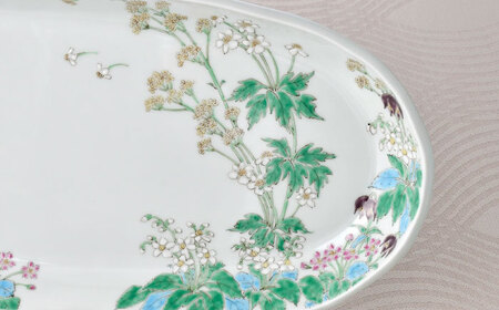 【波佐見焼】草花紋楕円大皿 木台付 飾り皿【藍水】[GB60]