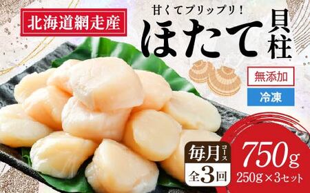 【全3回（毎月）】網走前浜産 無添加ホタテ貝柱750g（250g×3袋）（2025年8月より順次発送）【 ホタテ ほたて 帆立 貝柱 ホタテ貝柱 ほたて貝柱 帆立貝柱 刺身 ホタテ刺身 刺身ホタテ ほたて刺身 刺身ほたて 帆立刺身 北海道 国産 北海道産 魚介 魚介類 海鮮 小分け 天然 定期便 送料無料 人気 ランキング おすすめ 】 ABAI033