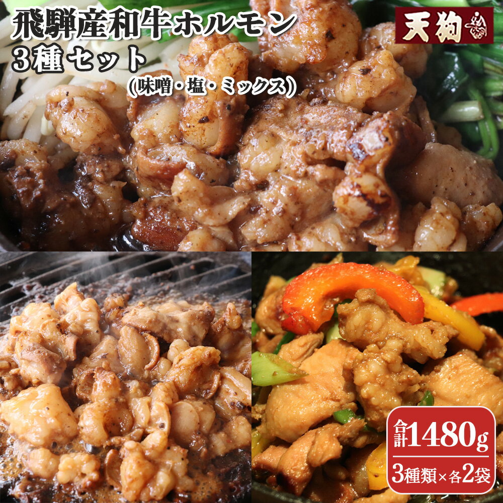 【ふるさと納税】 飛騨産和牛ホルモン 3種セット（味噌・塩・ミックスホルモン）各2袋 計6袋（袋入り）【冷凍】牛肉 牛ホルモン 納豆喰豚 無薬鶏 無薬鳥 天狗 納豆喰豚 なっとく豚 豚肉 簡単 ギフト BBQ