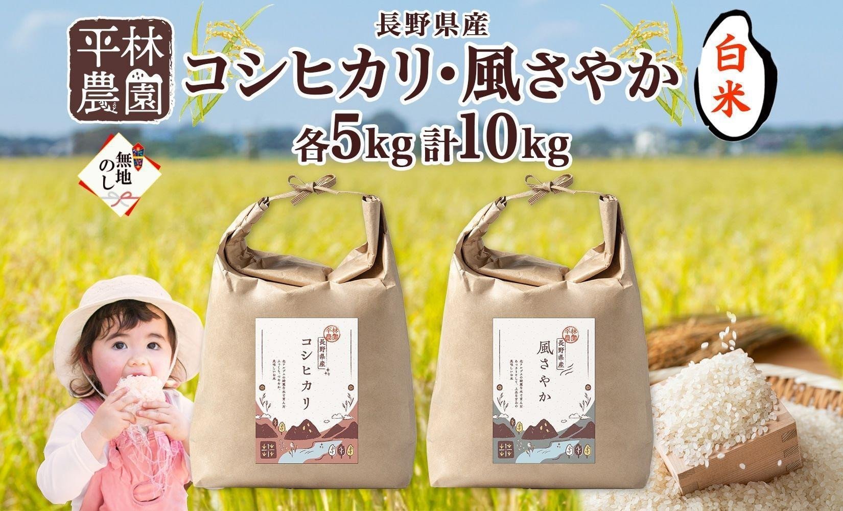 
            ＜先行予約＞無地熨斗 令和7年産 コシヒカリ 風さやか 白米 各5kg 長野県産 米 精米 お米 ごはん ライス 甘み 産直 信州 人気 ギフト 平林農園 熨斗 のし 名入れ不可 送料無料 長野県 大町市
          