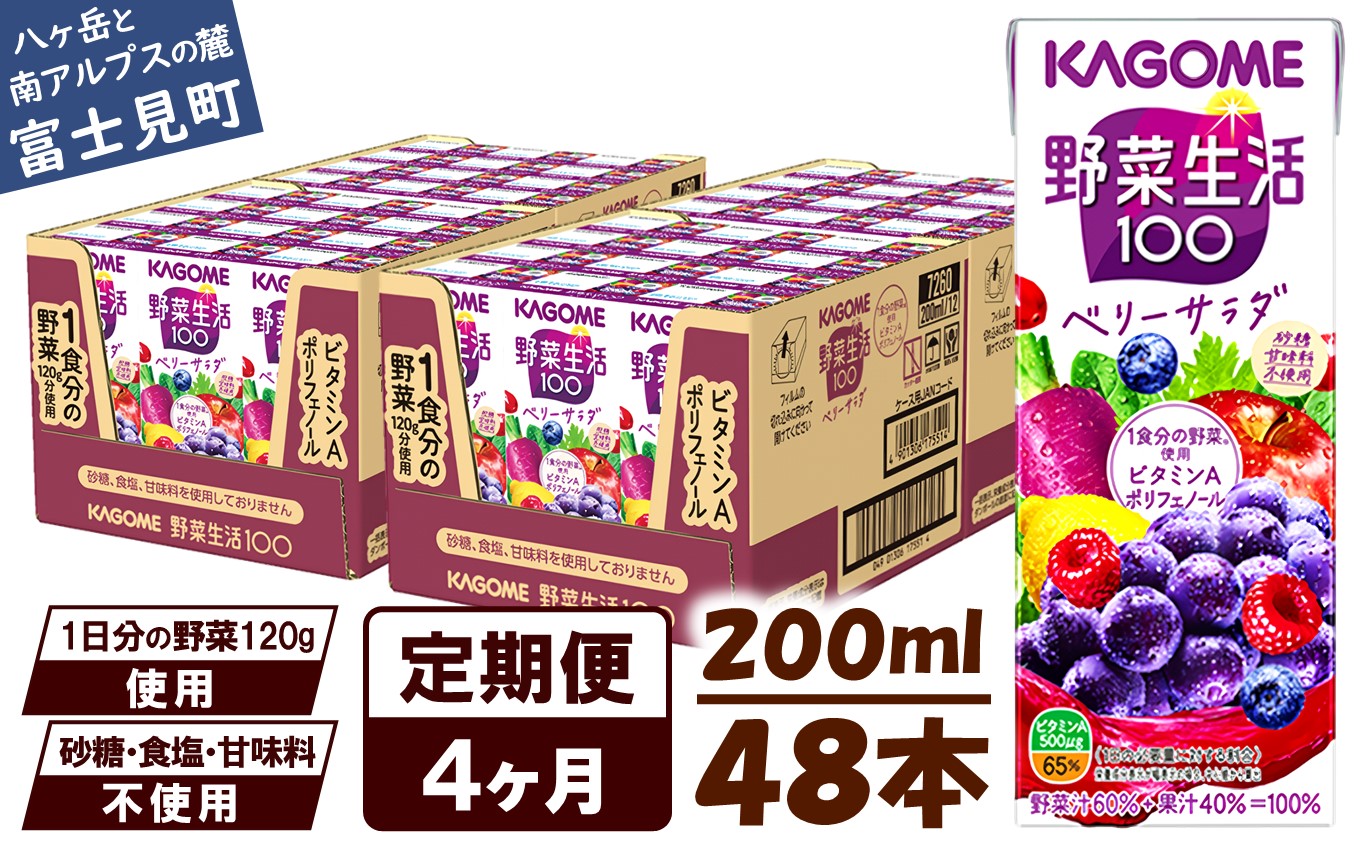【 定期便 4ヶ月連続お届け】カゴメ 野菜生活100 ベリーサラダ 200ml×48本 ジュース 野菜 果実ミックスジュース 果汁飲料 紙パック 砂糖不使用 1食分の野菜 鉄分 ポリフェノール ビタミンA 飲料類 ドリンク 野菜ドリンク 備蓄 長期保存 防災 飲みもの