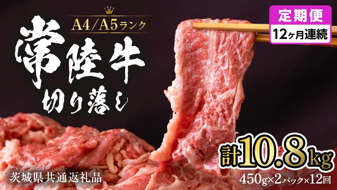 
                  【12ヶ月定期便】常陸牛 切り落とし 900g (450g×2袋) × 12回 定期便 牛肉 国産牛 和牛 切落し お肉 A4ランク A5ランク ブランド牛 切り落し すき焼き 小分け 冷凍 （茨城県共通返礼品） [CD017sa]
                