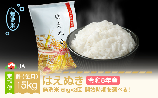 【先行予約】新米 米 はえぬき 毎月定期便 5kg×3回 無洗米 令和8年産 2027年1月下旬～ ja-hamxb5-sm1to3c