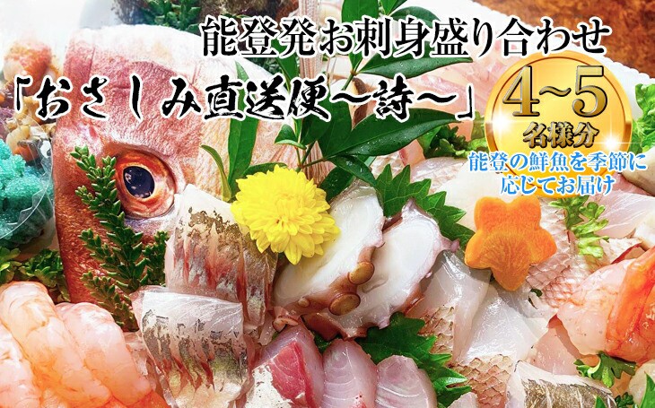 
                  【能登半島地震復興支援】能登産 お刺身盛り合わせセット「おさしみ直送便～詩～」4～5名様分 ｜冷蔵 生 魚介 海鮮 さしみ 詰め合わせ セット 盛り合わせ 盛り付け 日本海 海の幸 シーフード 直送 能登湾 能登 復興 復興支援 石川県 七尾市 ※北海道・青森・九州(福岡を除く)・沖縄・離島への配送不可
                