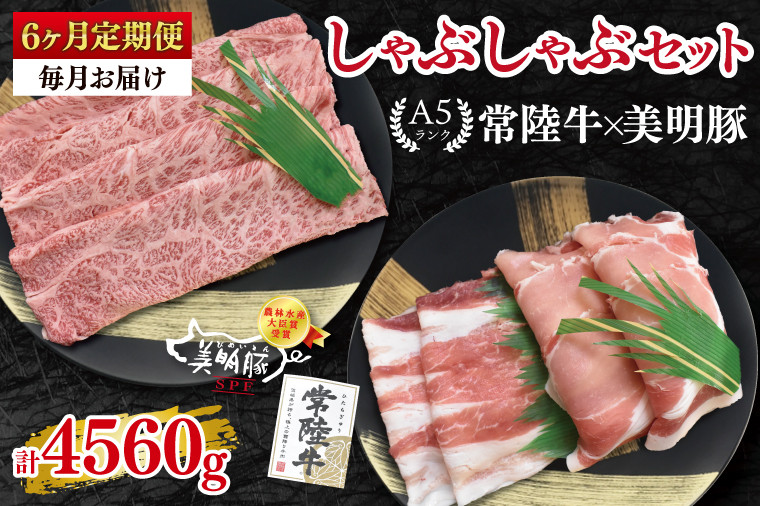 
            【6ヶ月定期便】【常陸牛 A5ランク・美明豚しゃぶしゃぶセット】常陸牛肩ロース360ｇ＋美明豚400ｇ（ロース200ｇ・ばら200ｇ） 冷凍 国産牛 和牛 牛肉 豚肉 ブランド豚 茨城県 水戸市 食べ比べ セット商品 国産 老舗精肉店（EK-29_2）
          