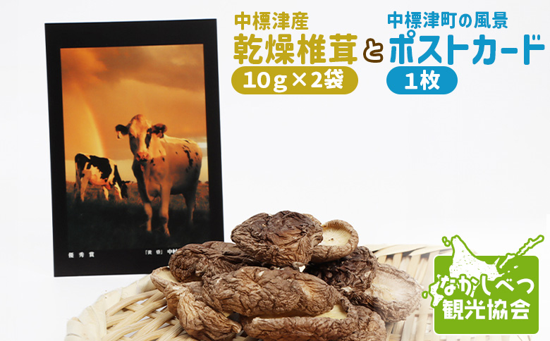 中標津産乾燥椎茸 １０ｇ×２袋 計20g　なかしべつ観光協会バージョン ｜ 椎茸 セット ポストカード 2000 2000円 乾燥椎茸 北海道 ふるさと納税 オンライン申請 ワンストップ マイページ 中標津町 出汁 風景 セット【32008】