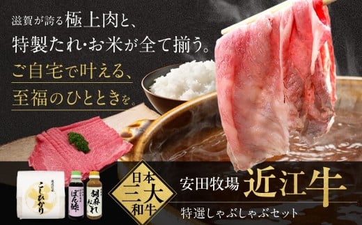 特選しゃぶしゃぶセット（しゃぶしゃぶ用特選肉、ポン酢、ごまだれ、お米） 安田牧場 滋賀県 東近江市 D-B11 しゃぶしゃぶ しゃぶしゃぶセット ポン酢 ごまだれ 米 近江牛 安田牧場 特選 ブランド牛 滋賀県産 和牛 牛肉 霜降り お取り寄せ 贈答品 ギフト 最高級