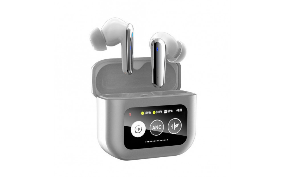 【シルバー】ANC対応・液晶付きイヤホン カナル型 ワイヤレスイヤホン Bluetooth5.4 ノイズキャンセリング ENC 通話ノイキャン カラースクリーン搭載 高遮音性 外音取り込み 音漏れ防止