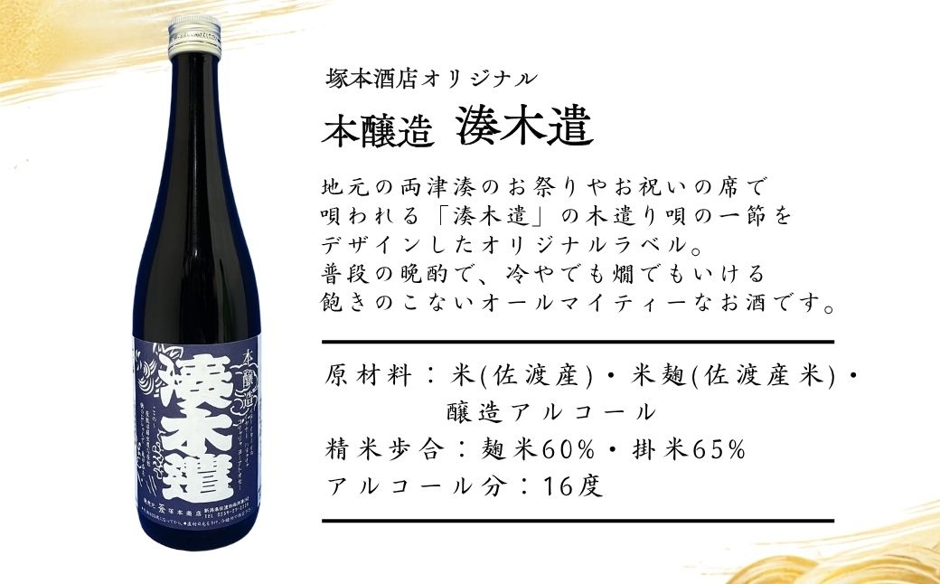
                  【日本酒 人気4本セット】佐渡の地酒 湊木遣 本醸造＋金鶴 純米 風和 他 720ml×4本 塚本酒店 | 新潟の地酒 佐渡の地酒 佐渡日本酒 本醸造 純米酒 吟醸 清酒 地酒 日本酒 お酒 酒 さけ sake 四合瓶 飲みくらべ 晩酌 ギフト にいがた さど 新潟県 佐渡市
                