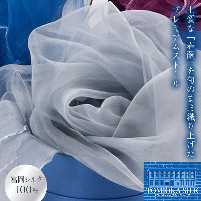 【ふるさと納税】 TOMIOKA SILK オーガンジーストール 「草木染」＜ブルーグレー＞ 富岡シルク 国産 草木染 プレミアム ストール 春繭 シルク 絹 青 ブルーグレー ファッション 贈り物 ギフト F21E-378