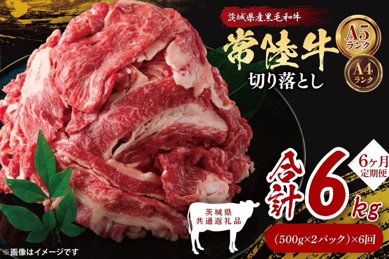 
                  【茨城県共通返礼品】【6ヶ月定期便】常陸牛切り落とし1kg（500g×2）｜ブランド牛 銘柄牛 和牛 黒毛和牛 国産 A5・A4ランク 等級 お肉 牛肉 牛丼 すき焼き 炒め物 小分け 定期 6回 毎月 茨城県 大子町（DD012）
                