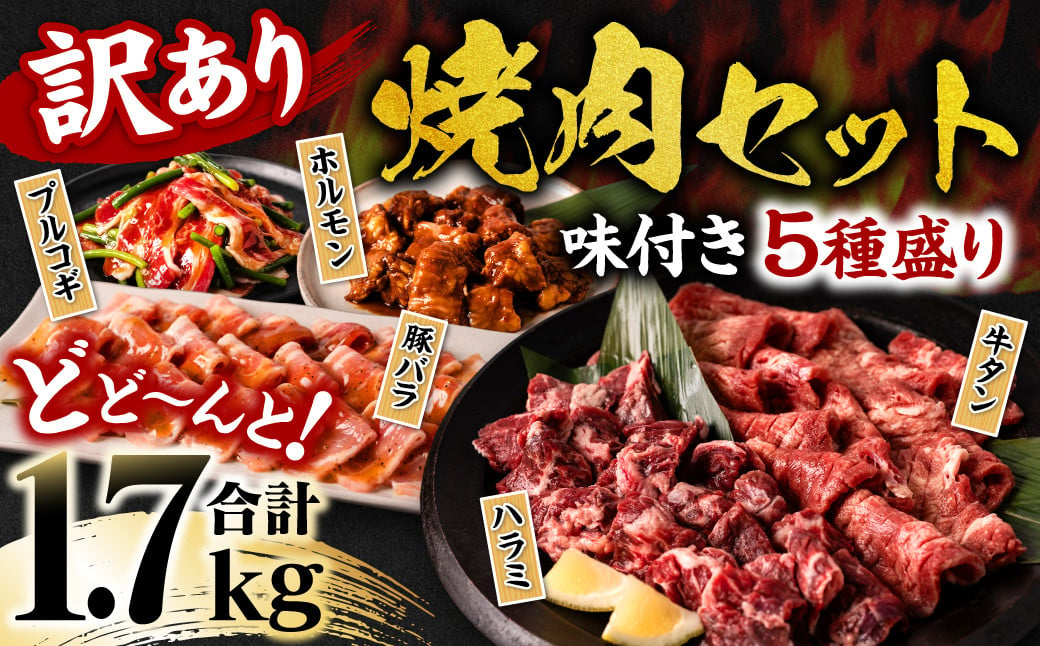 
            【訳あり】焼肉セット5種盛り 計1.7kg タン ハラミ ホルモン プルコギ 豚バラ
          