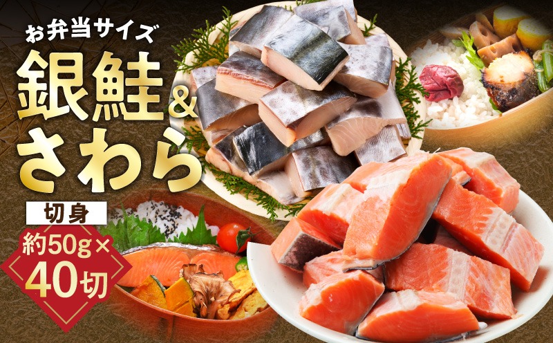 G3802 【お弁当サイズ】さわら&銀鮭 切身 計40切れ（各約50g×20切れ） 【小分け 漁師 さけ サケ 手切り  泉州 鰆 切り身 弁当 朝食 時短 訳あり サイズ不揃い 規格外 冷凍食品 】