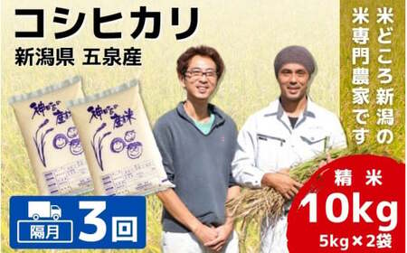 【令和6年産新米】〈隔月3回定期便〉「わくわく農場」の五泉産 精米 コシヒカリ 10kg(5kg×2袋)［2024年10月中旬以降順次発送］ わくわく農場