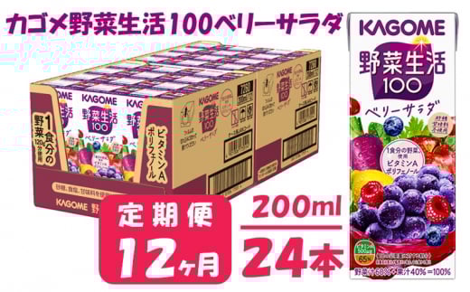 【 定期便 12ヶ月 】 カゴメ 野菜生活100 ベリーサラダ 200ml×24本 ジュース 野菜 果実ミックスジュース 果汁飲料 紙パック 砂糖不使用 11食分の野菜 鉄分 ポリフェノール ビタミンA 飲料類 ドリンク 野菜ドリンク 備蓄 長期保存 防災 飲みもの