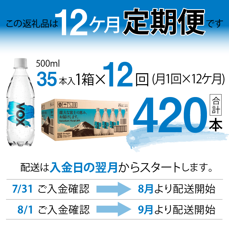 【12か月定期便】VOX バナジウム 強炭酸水 500ml 35本 【富士吉田市限定カートン】