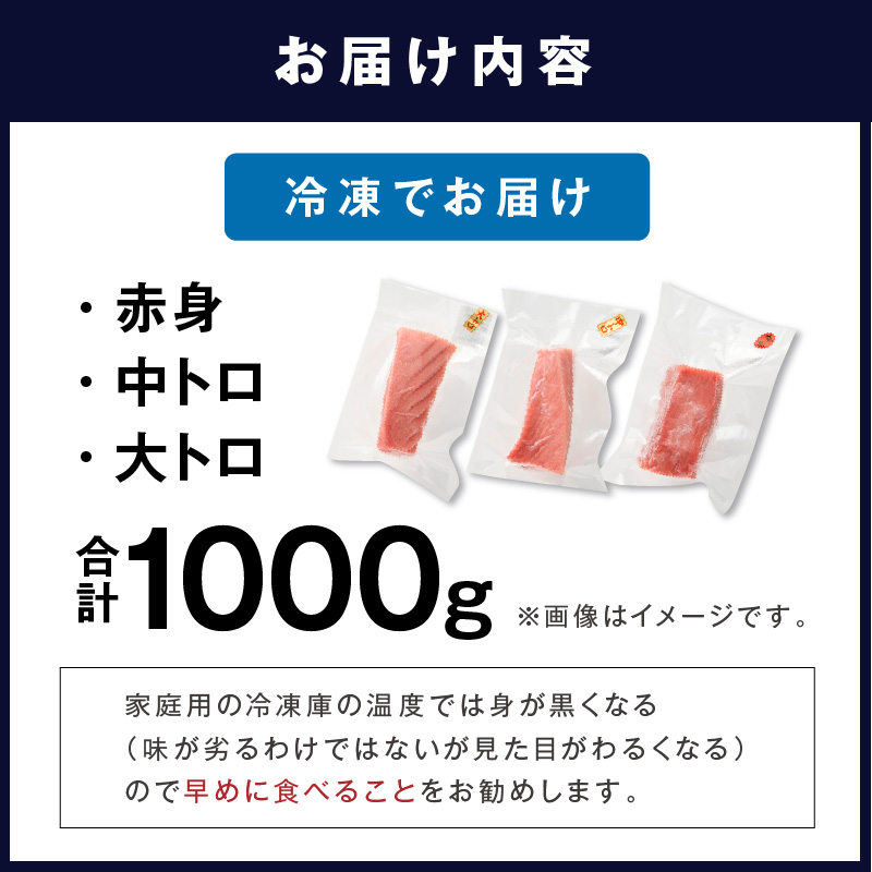 鷹島本まぐろ柵(赤身・中トロ・大トロ) 合わせて1000g( マグロ まぐろ 赤身 中トロ 大トロ 本まぐろ 手軽 おつまみ 柵 流水解凍 )【E5-010】